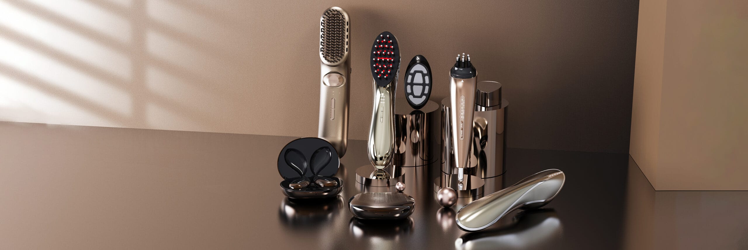 Mtimes beauty and personal care product collection on metallic display stands