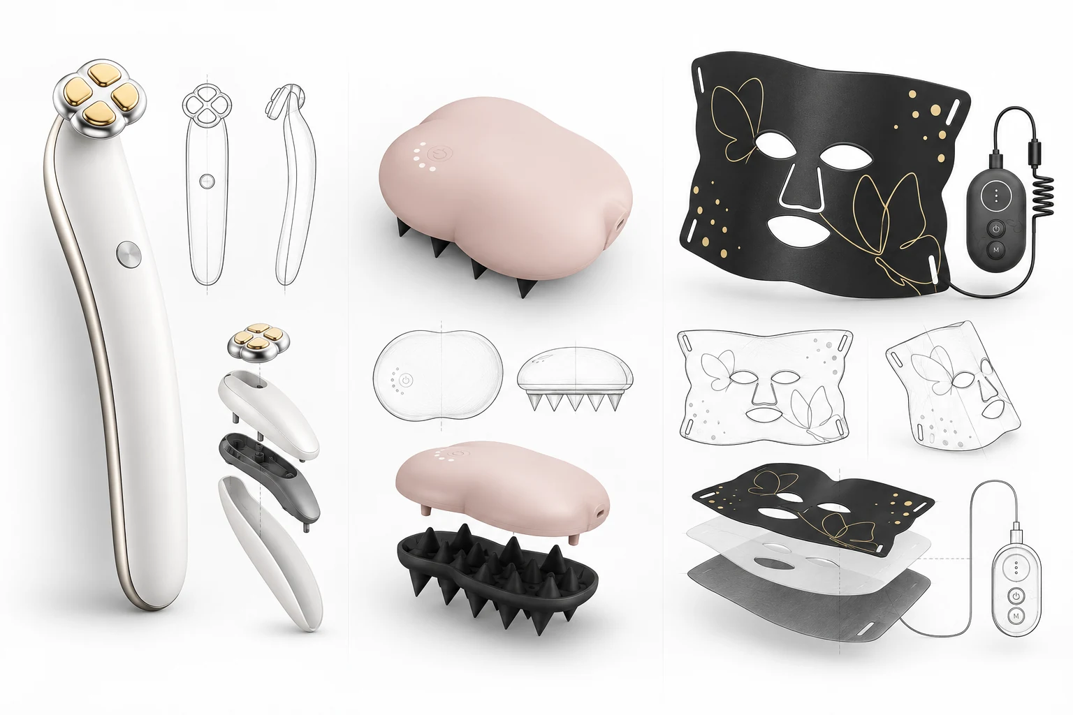 Concept illustration of handheld beauty devices, scalp massagers and flexible LED masks, showing form studies and assembly concepts