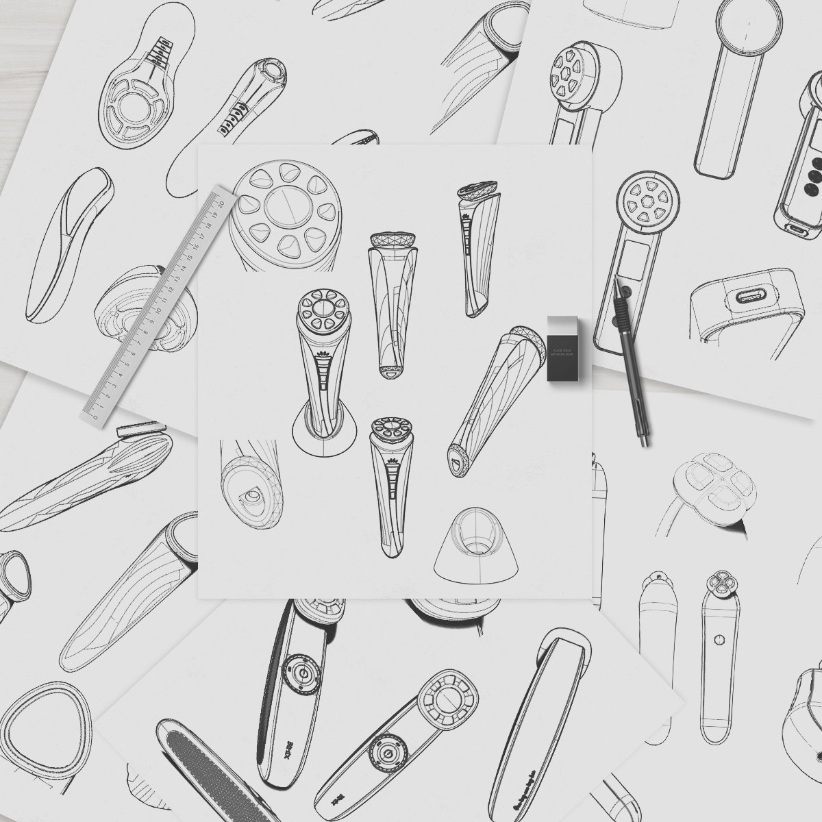 Hand-drawn industrial design sketches of handheld beauty and personal care devices
